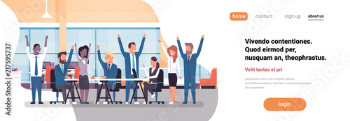 Cheerful business team sitting together people group successful teamwork concept man woman raised hands modern office horizontal banner flat copy space vector illustration
