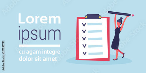businesswoman holding pen checklist solution questionnaire tick check mark planning strategy creative process horizontal female cartoon character copy space vector illustration