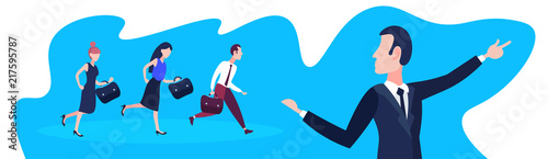 business people following team leader businessman pointing direction teamwork success concept horizontal banner flat cartoon character portrait full length vector illustration
