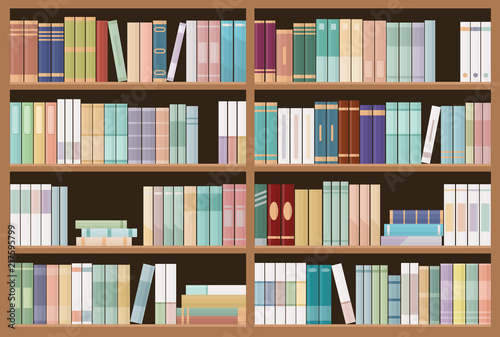 Bookshelves full of books. Education library and bookstore concept. Seamless pattern. Vector illustration.  