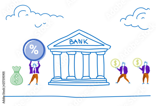 People invest deposit money in bank get percent investments and savings concept growth wealth horizontal sketch doodle vector illustration