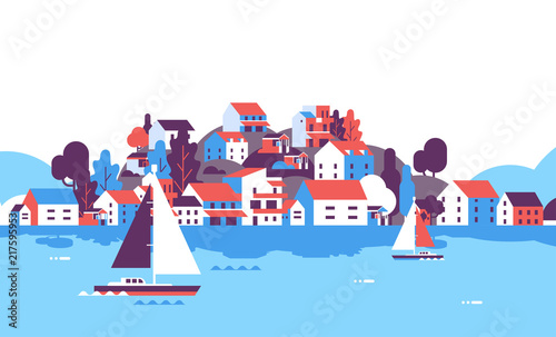 boats over beach seaside island houses hotels background sea yacht coast summer vacation concept flat horizontal vector illustration