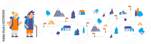 boy girl children scouts rest camp hiking backpack forest travel isometric map isolated expedition concept flat horizontal banner vector illustration