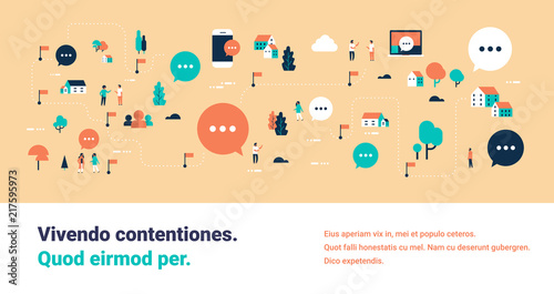 people online bubble chat speech communication map isometric concept computer mobile internet application horizontal banner blue background flat copy space vector illustration