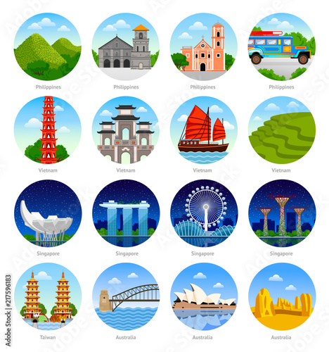 Travel to Asia, Australia. Singapore, Philippines, Taiwan and Vietnam. Set of icons. Cityscape, buildings, landmarks and attractions. Collection of round vector illustration