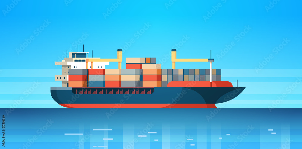 Vecteur Stock Industrial sea cargo logistics container import export  freight ship water delivery transportation concept international shipping  flat horizontal vector illustration | Adobe Stock