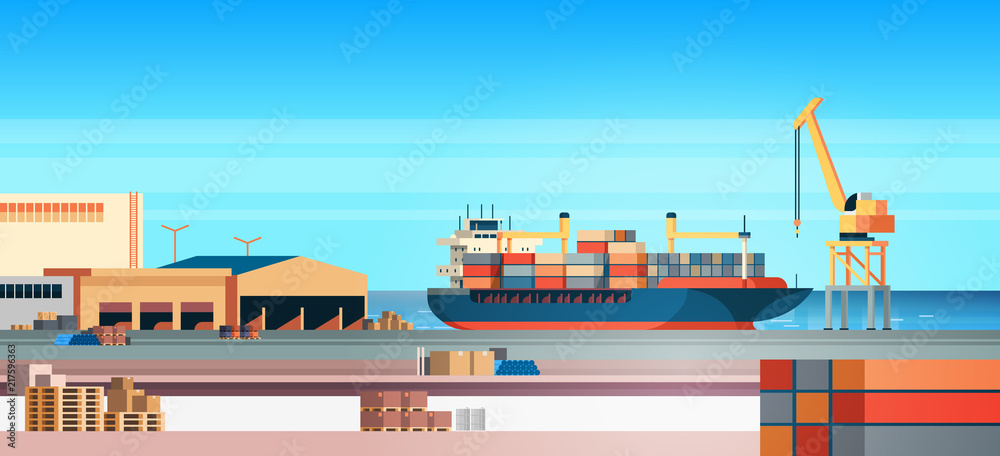 Obraz premium Industrial sea port cargo logistics container import export freight ship crane water delivery transportation concept shipping dock flat horizontal vector illustration