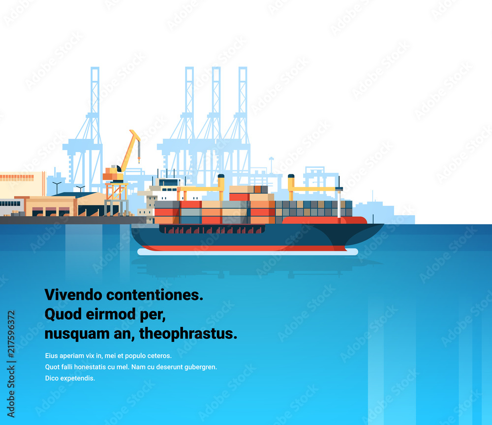 Obraz premium Industrial sea port cargo logistics container freight ship import export crane water delivery transportation concept shipping dock flat copy space vector illustration