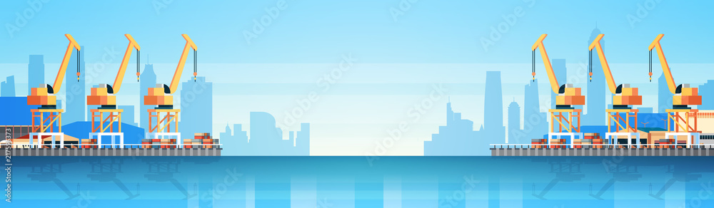 Industrial sea port cargo logistics container import export crane water delivery transportation concept shipping dock flat horizontal banner vector illustration Industrial sea port cargo logistics container import export crane water delivery transportation concept shipping dock flat horizontal banner vector illustration