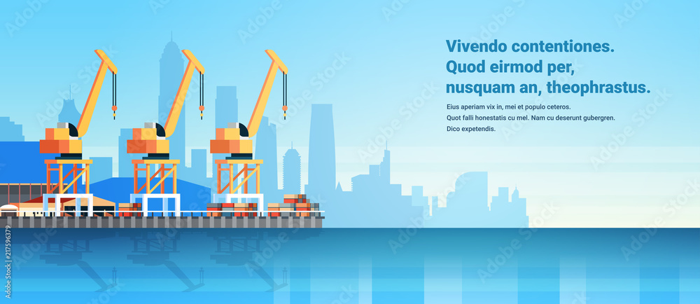 Obraz premium Industrial sea port cargo logistics container import export crane water delivery transportation concept shipping dock flat horizontal copy space vector illustration