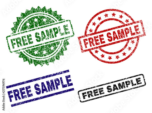 FREE SAMPLE seal prints with distress surface. Black, green,red,blue vector rubber prints of FREE SAMPLE tag with grunge style. Rubber seals with round, rectangle, rosette shapes. photo
