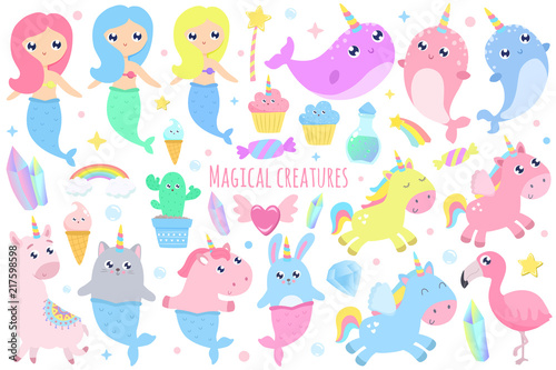 Magical creatures. Narwhal, unicorn mermaid,bunny mermaid, cat mermaid, pegasus, magical items vector illustration