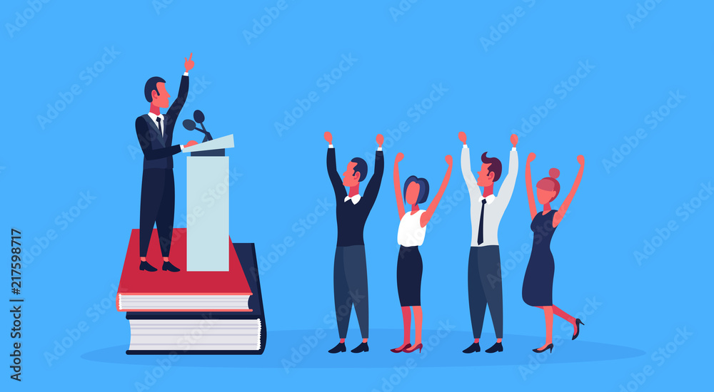 businessman standing book stack tribune successful teamwork concept people raising hands up cartoon character blue background full length flat horizontal vector illustration businessman standing book stack tribune successful teamwork concept people raising hands up cartoon character blue background full length flat horizontal vector illustration