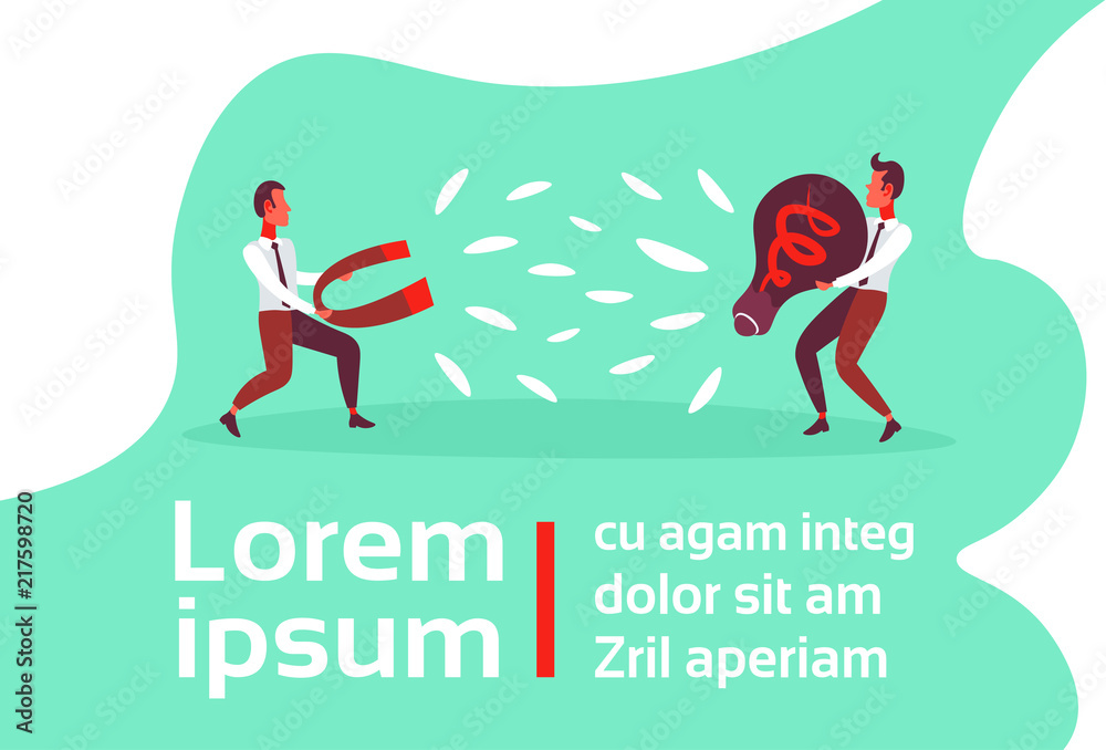 Businessman stealing light bulb idea from man holding magnet concept flat horizontal copy space vector illustration Businessman stealing light bulb idea from man holding magnet concept flat horizontal copy space vector illustration
