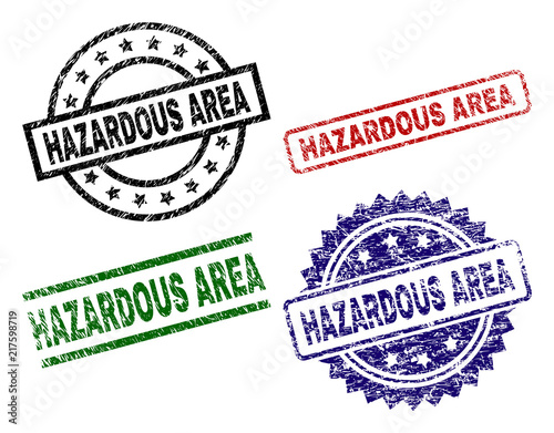 HAZARDOUS AREA seal prints with corroded style. Black, green,red,blue vector rubber prints of HAZARDOUS AREA text with unclean style. Rubber seals with circle, rectangle, rosette shapes.