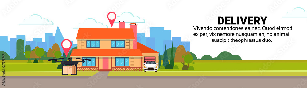 Naklejka premium Drone flying geo tag delivery air package shipment destination navigation carry quadrocopter house yard exterior horizontal banner flat copy space vector illustration