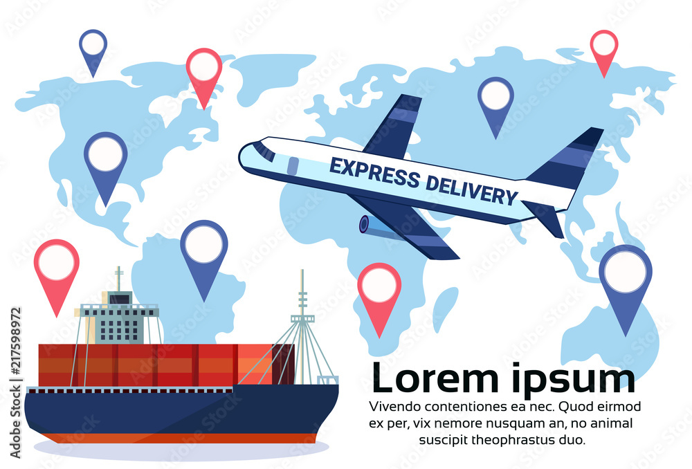 Logistics geo tag set of different delivery air cargo trucking maritime shipping transportation location distribution vehicles international transportation concept flat horizontal copy space vector