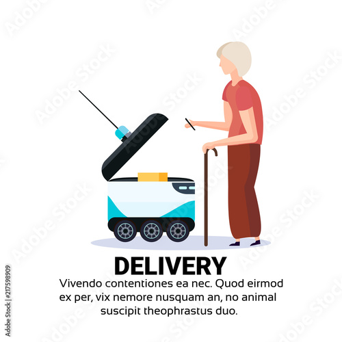 old woman stick loading box robot self drive fast delivery goods in city car robotic carry concept isolated copy space flat vector illustration