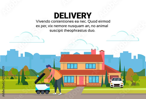 man loading box robot self drive fast delivery goods house yard exterior background city car robotic carry concept copy space flat vector illustration © mast3r