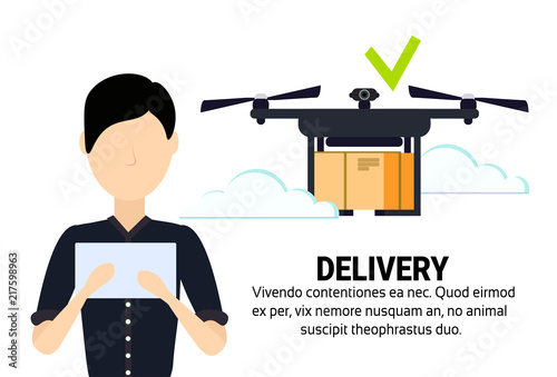 asian man operator drone flying geo tag delivery air package mobile application shipment carry quadcopter navigation isolated horizontal flat copy space vector illustration