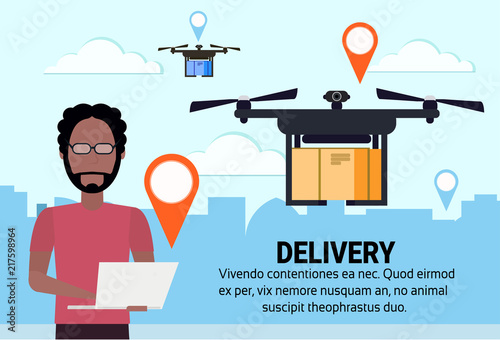 african man operator drone flying geo tag delivery air package shipment carry quadrocopter navigation application cityscape horizontal flat copy space vector illustration