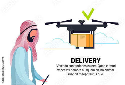 arabic man operator drone flying geo tag delivery air package mobile application shipment carry quadcopter navigation isolated horizontal flat copy space vector illustration