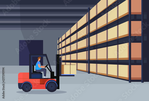 forklift loader working warehouse interior parcel box on rack logistic delivery cargo service concept rows shelves goods storage horizontal flat vector illustration