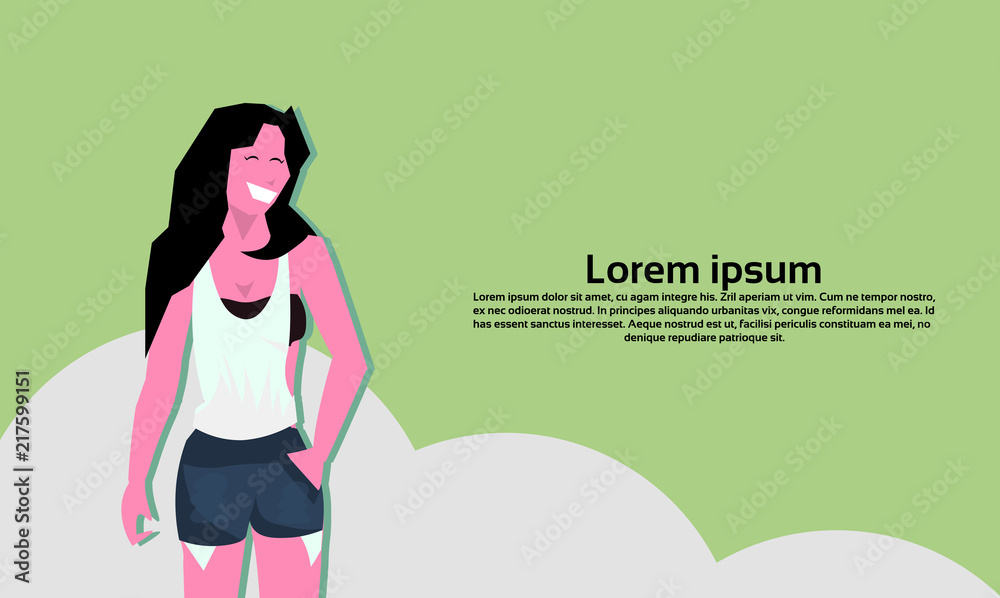 woman brunette hat hand in pocket standing pose female cartoon character portrait horizontal copy space flat vector illustration woman brunette hat hand in pocket standing pose female cartoon character portrait horizontal copy space flat vector illustration