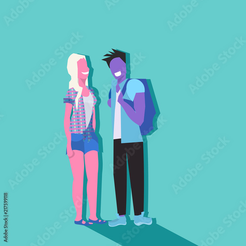 couple man woman standing together cartoon character vacation concept male female silhouettes flat full length vector illustration