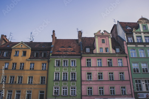 soft focus cozy small architecture concept of colorful facades buildings in contrast summer bright day time
