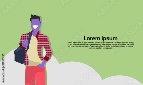 violet man holding backpack standing pose male cartoon character portrait horizontal copy space flat vector illustration