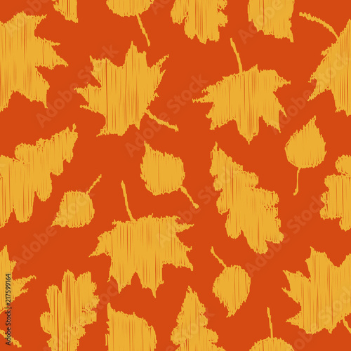 Fall background. Seamless pattern with autumn leaves on an orange background. There are yellow leaves of maple, oak and birch in the picture. Vector illustration
