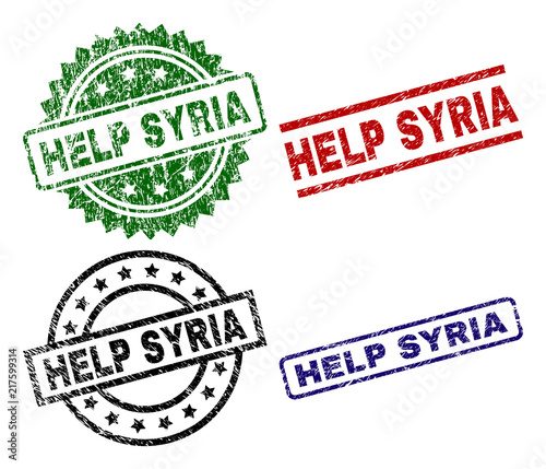 HELP SYRIA seal prints with corroded texture. Black, green,red,blue vector rubber prints of HELP SYRIA tag with retro texture. Rubber seals with round, rectangle, medal shapes.
