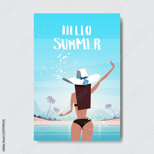 sexy woman raise hand up sunny beach booty bare rear view ass bikini summer vacation badge portrait Design Label. Season Holidays lettering for logo Templates invitation greeting card prints and