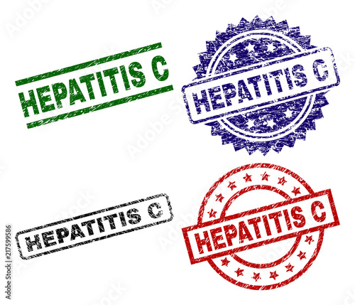 HEPATITIS C seal prints with damaged texture. Black, green,red,blue vector rubber prints of HEPATITIS C text with dust texture. Rubber seals with circle, rectangle, rosette shapes.