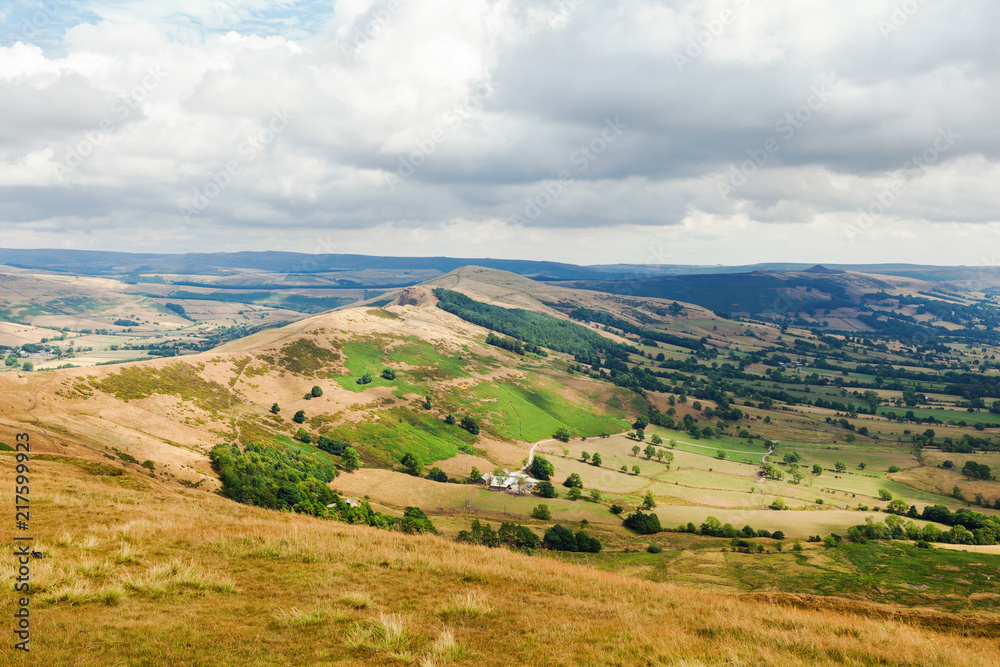 Peak District National Park, Derbyshire, England. view of the hills in Mam Tor with the views of the fields, selective focus