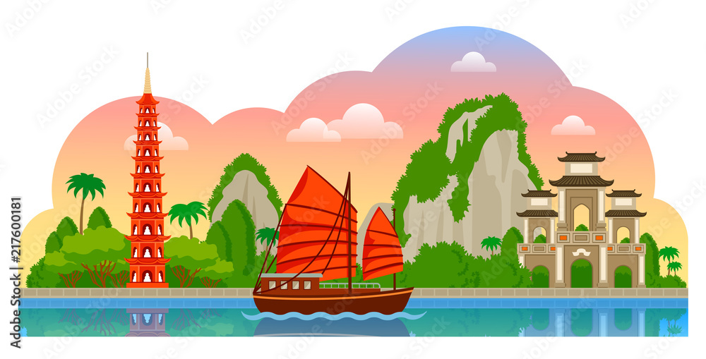 Fototapeta premium Vietnam. Morning panoramic view. Tran Quoc Pagoda, junk boat, mountains, Halong Bay. Vector flat illustration with different attractions for flyer, magazines, posters, book cover, banners and guide