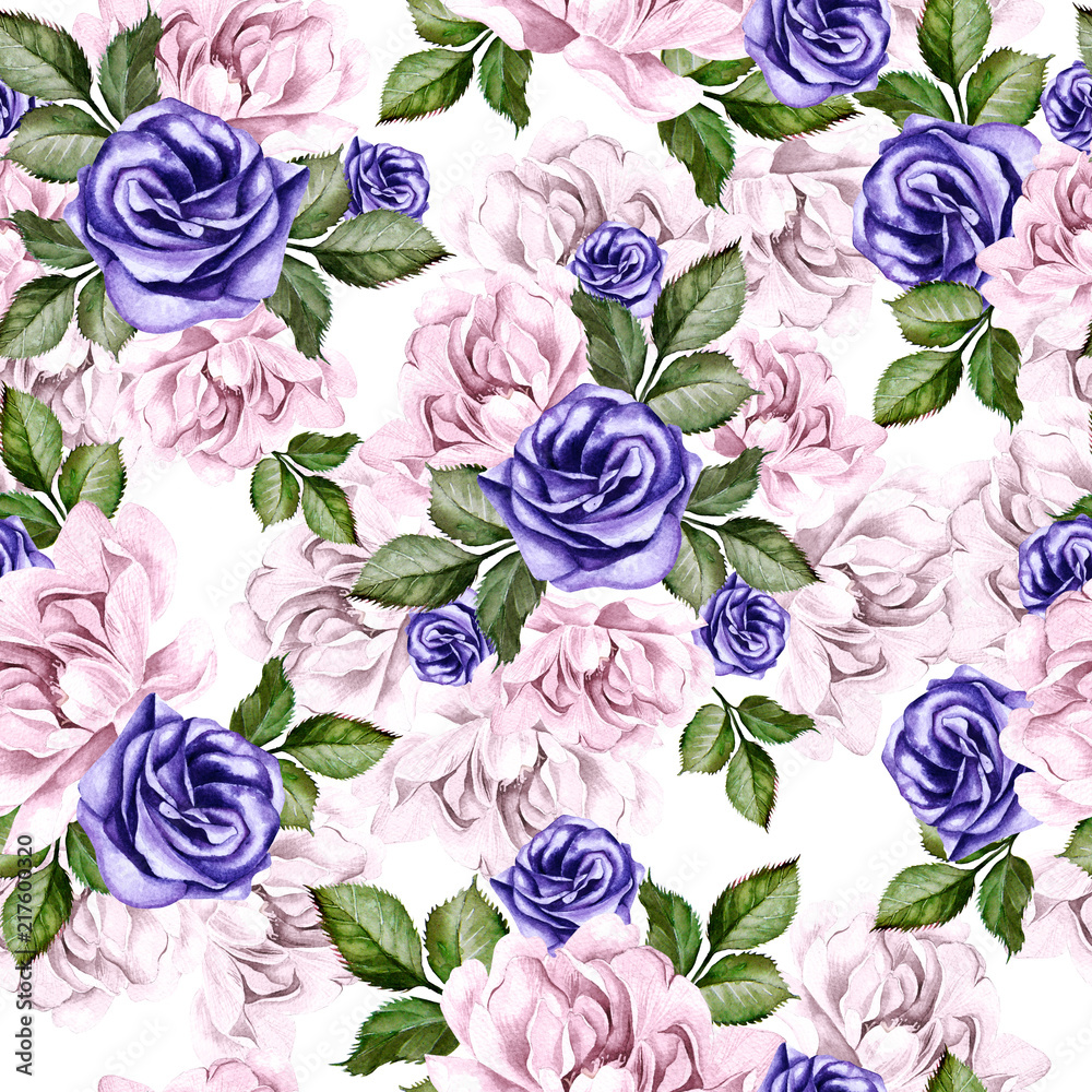 Beautiful watercolor pattern with peony flowers and anemones.