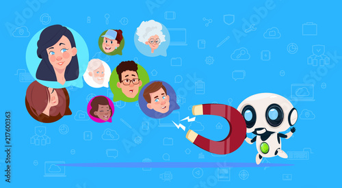 robot hold magnet mix race chat bubbles,artificial intelligence support virtual assistance of website or mobile applications, pulling concept flat Vector Illustration