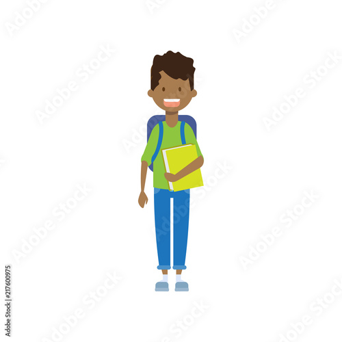 african school boy with book , full length avatar on white background, successful study concept, flat cartoon design vector illustration