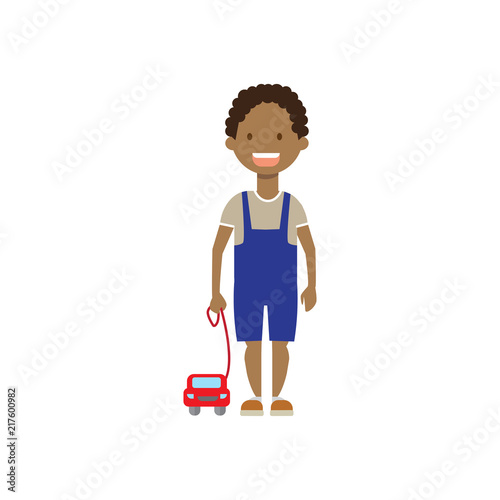 african boy brother with toys full length avatar on white background, successful family concept, flat cartoon vector illustration