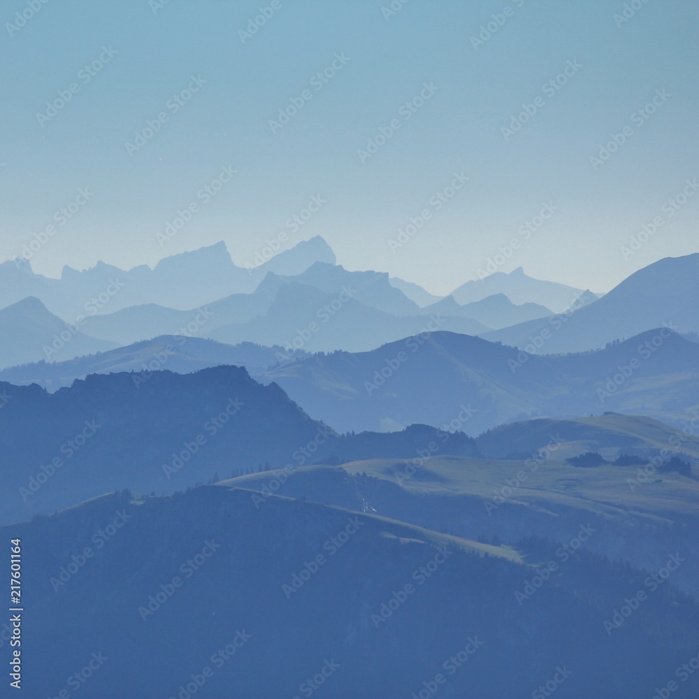 Many mountains can be seen from Mount Niesen. Bernese Oberland. Switzerland.
