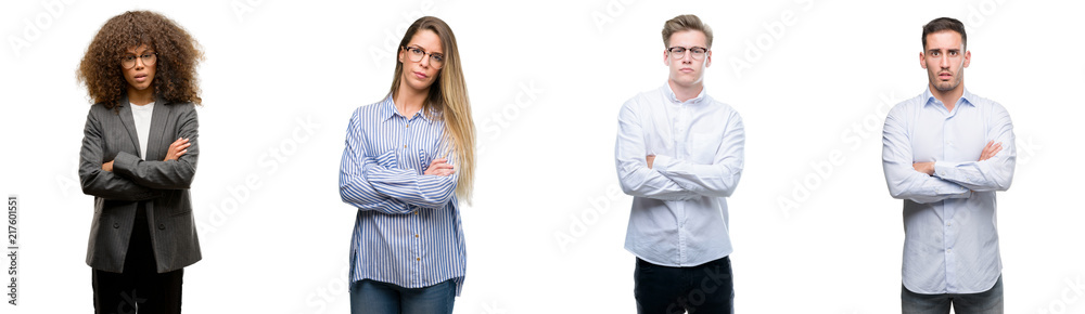 Team of business men and women skeptic and nervous, disapproving expression on face with crossed arms. Negative person. Team of business men and women skeptic and nervous, disapproving expression on face with crossed arms. Negative person.