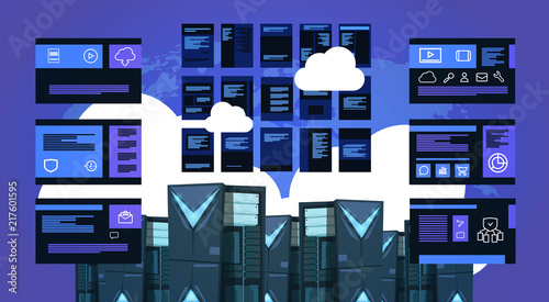 infographic map over data storage cloud synchronization center with hosting servers and staff. Computer technology, network and database, internet center, communication support, flat vector