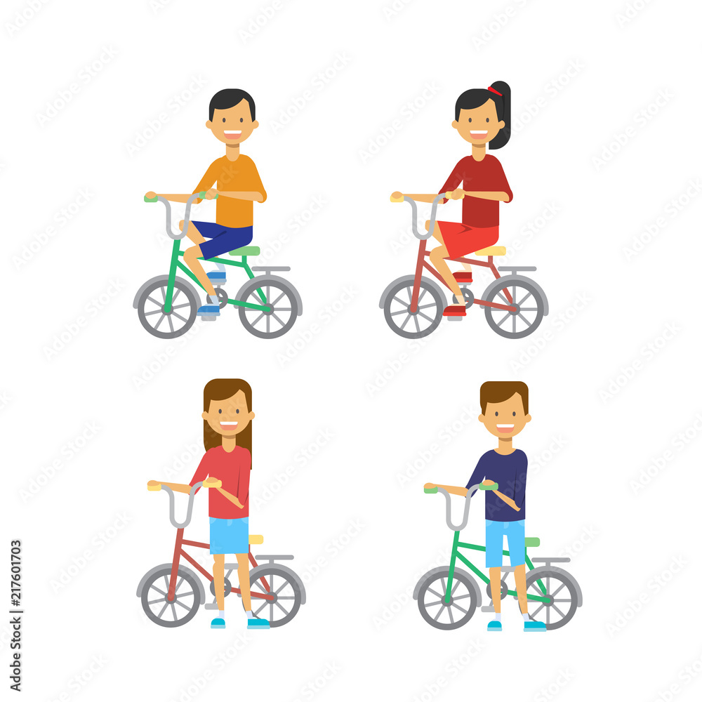 set different poses boy girl on bicycle over white background. cartoon character. full length flat style vector illustration