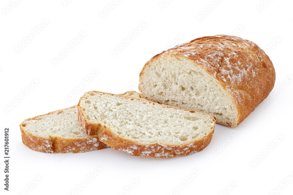 Close-up image of a bread cutting on a white background isolated white background Close-up image of a bread cutting on a white background isolated white background