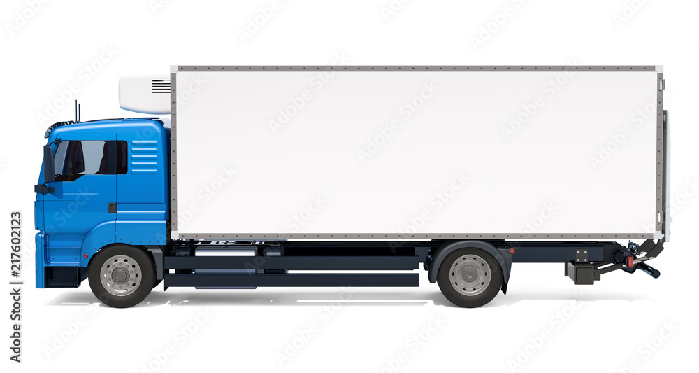 Lorry with isothermal van, side view. 3D rendering Lorry with isothermal van, side view. 3D rendering