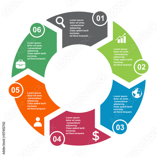 6 step vector element in six colors with labels, infographic diagram. Business concept of 6 steps or options with empty