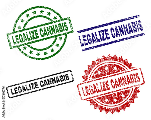 LEGALIZE CANNABIS seal prints with corroded style. Black, green,red,blue vector rubber prints of LEGALIZE CANNABIS title with unclean texture. Rubber seals with circle, rectangle, medallion shapes.