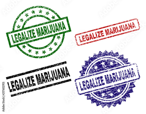 LEGALIZE MARIJUANA seal prints with distress style. Black, green,red,blue vector rubber prints of LEGALIZE MARIJUANA text with grunge style. Rubber seals with circle, rectangle, medal shapes.